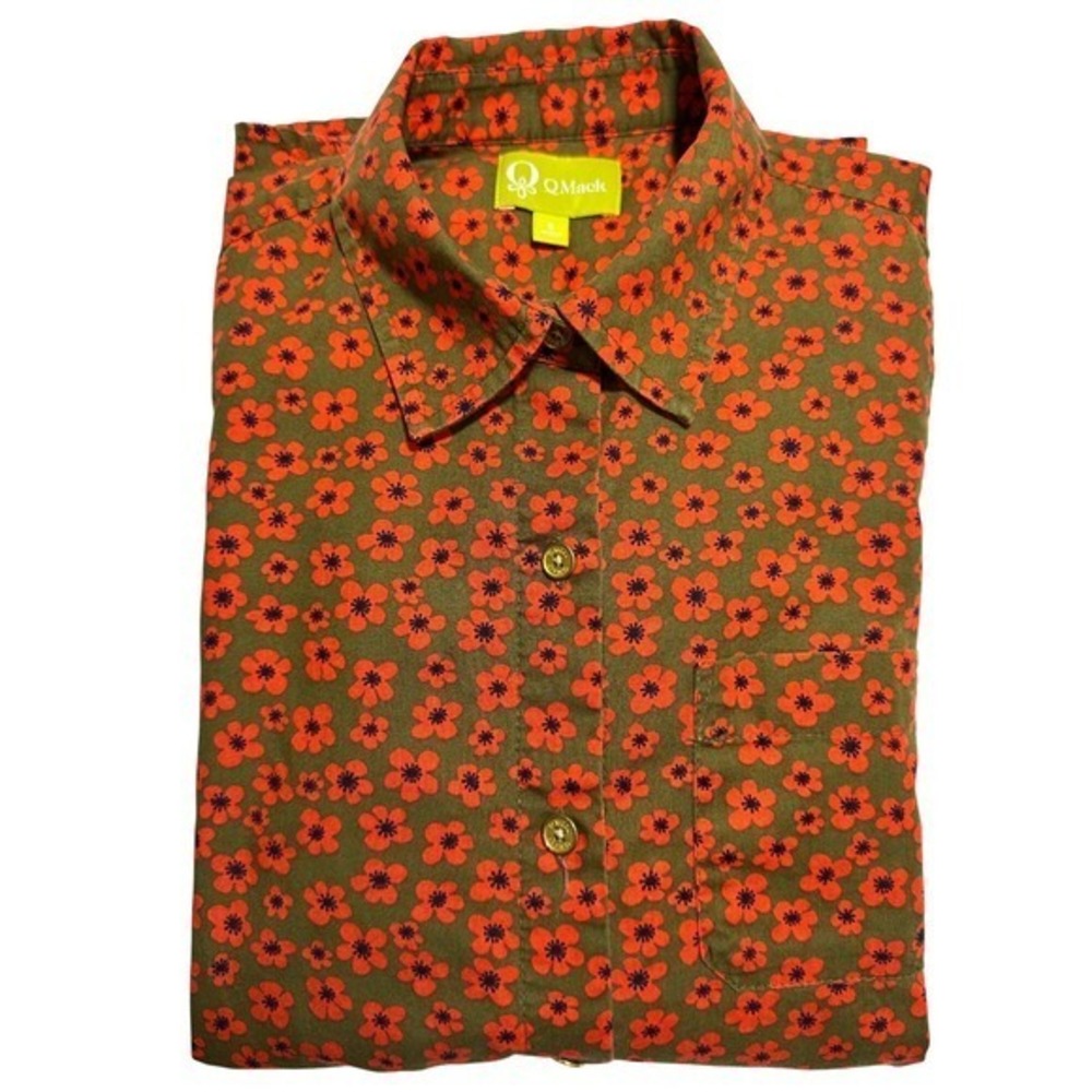 QMack Floral Button Down‎ Shirt Womens S Orange Olive Green Excellent Cotton